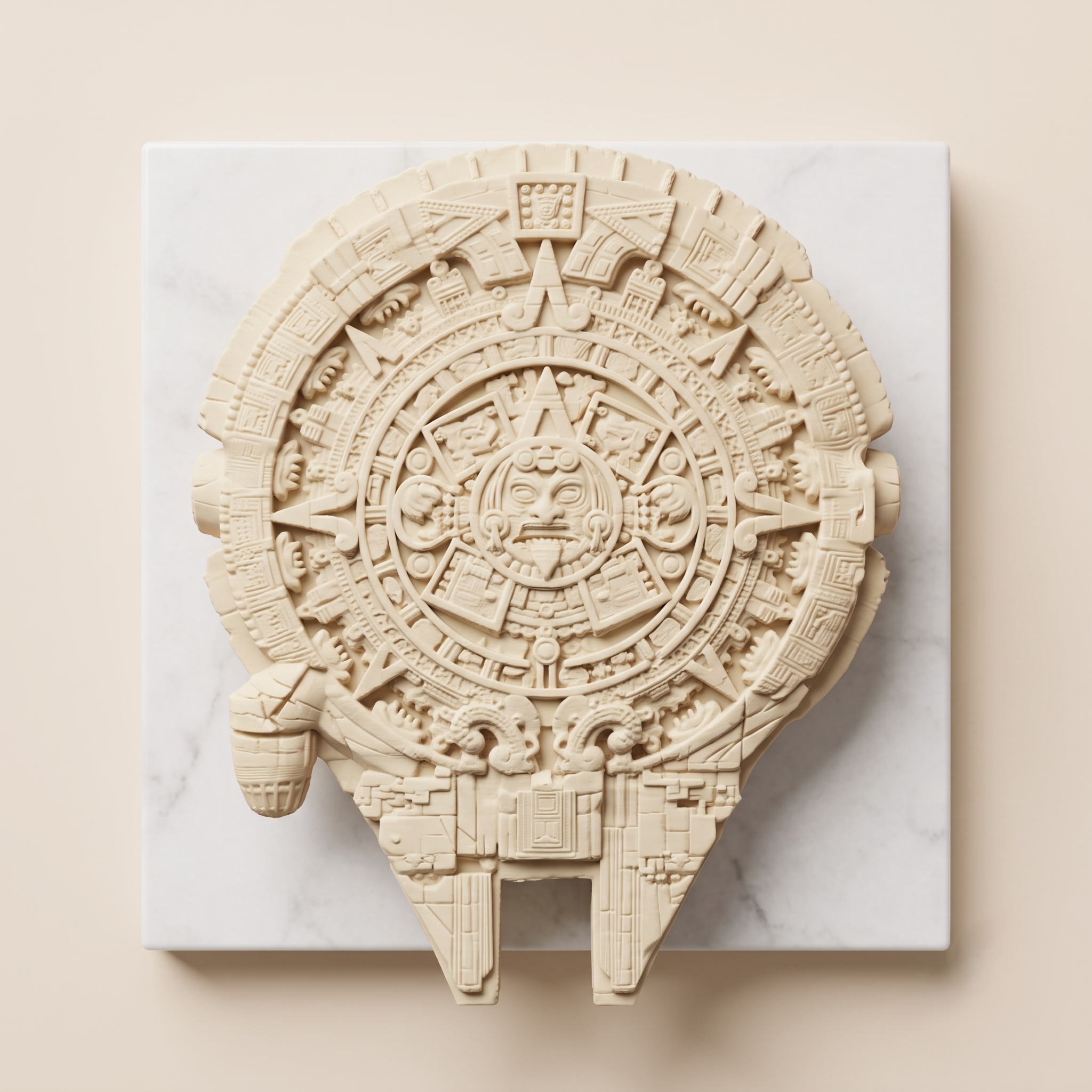 Nave del Quinto Sol — Escultura Azteca Sci-Fi con Base Iluminada
