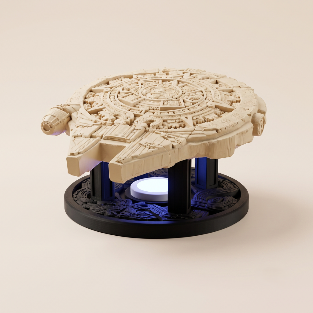 Nave del Quinto Sol — Escultura Azteca Sci-Fi con Base Iluminada